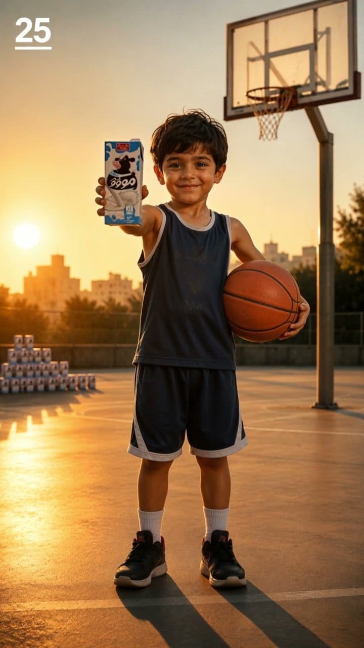A boy on a basketball court at sunset holding up a carton of Mooo milk, AI commercial for Shirin Asal