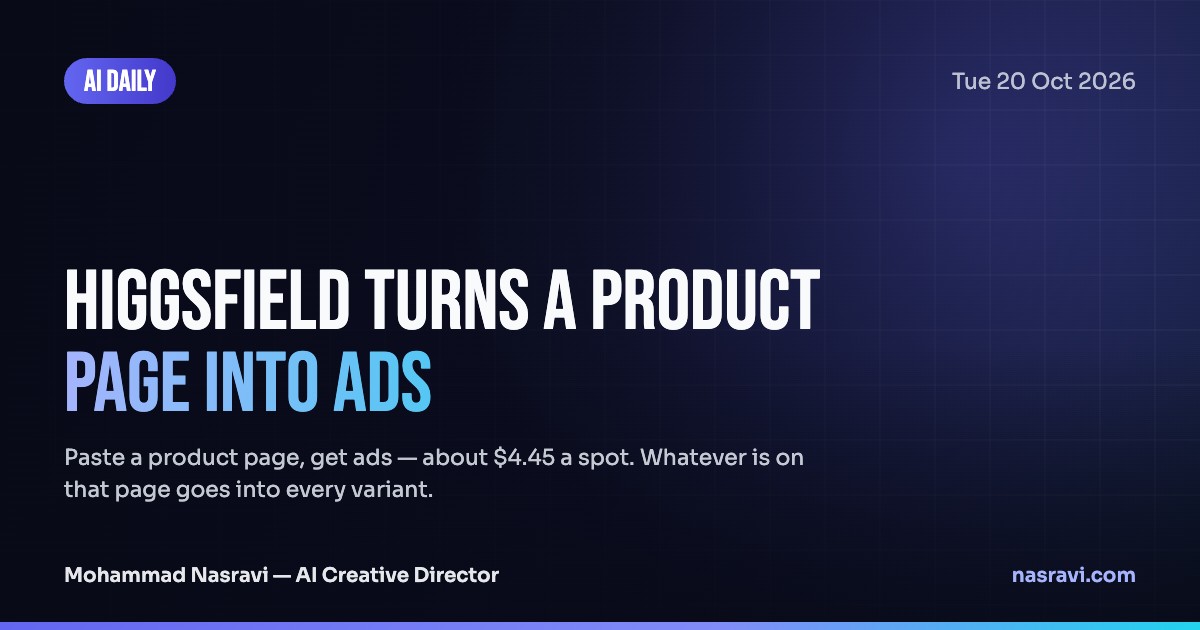 Branded AI Daily card: the headline Higgsfield turns a product page into ads, in white and cyan on a dark navy grid with an indigo glow.