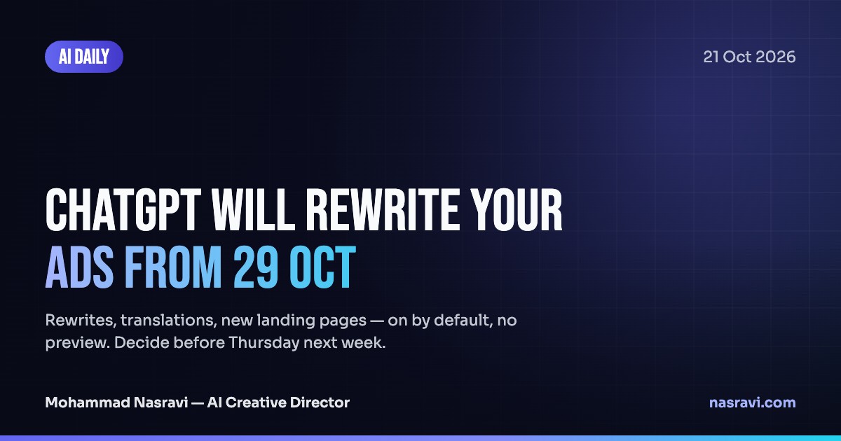 Branded AI Daily card: the headline ChatGPT will rewrite your ads from 29 Oct, in white and cyan on a dark navy grid with an indigo glow.