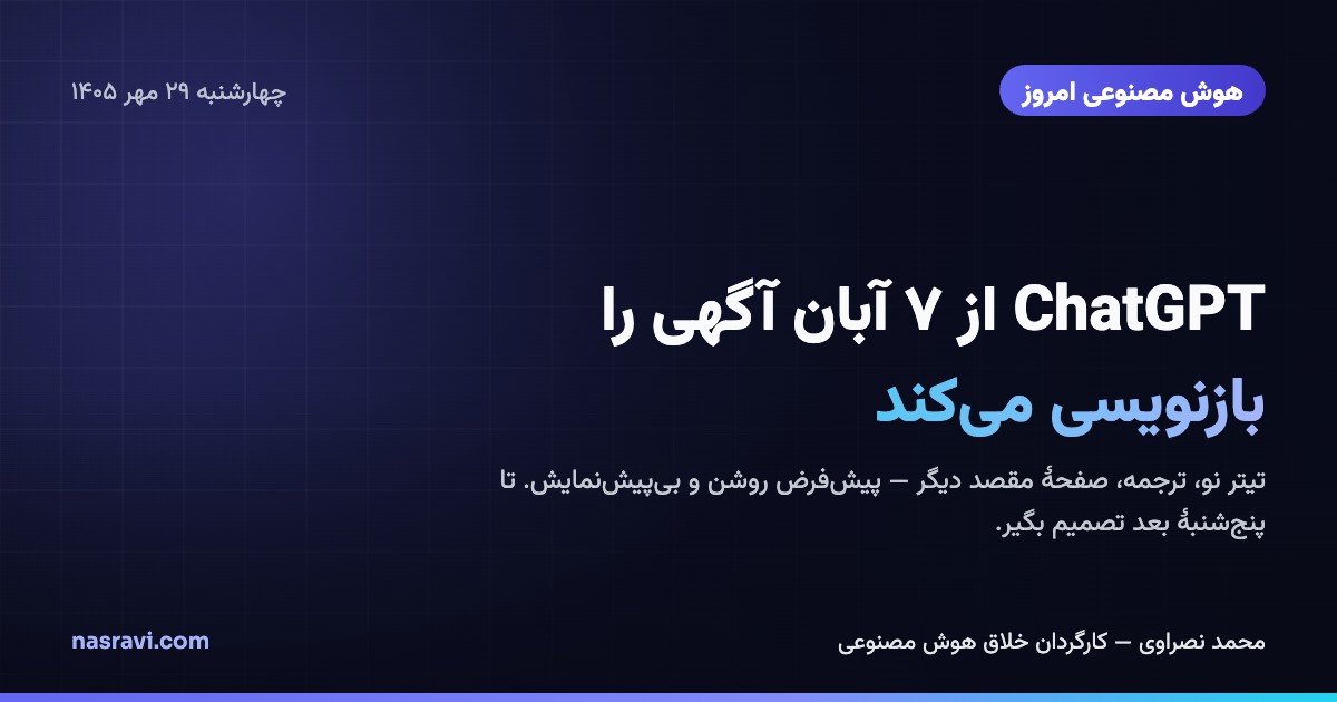 کارت خبری «هوش مصنوعی امروز» با تیتر ChatGPT از ۷ آبان آگهی را بازنویسی میکند، با حروف سفید و فیروزهای روی زمینهٔ سرمهای تیره و هالهٔ نیلی.