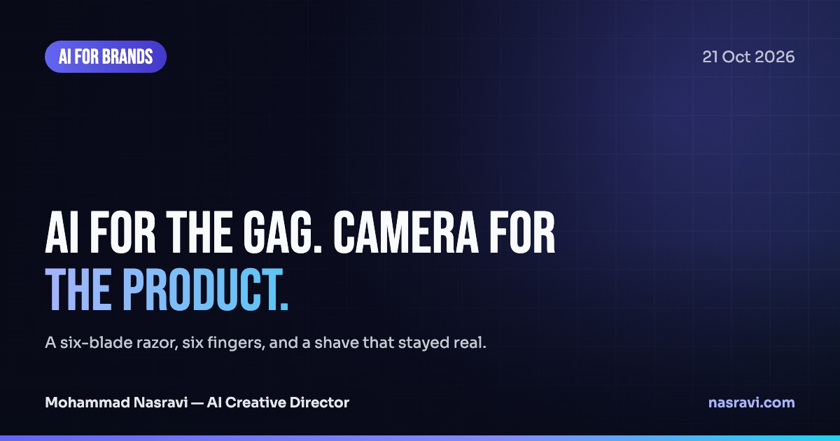 Brand gradient card in navy and indigo with a faint kinetic grid and the headline "AI for the gag. Camera for the product."