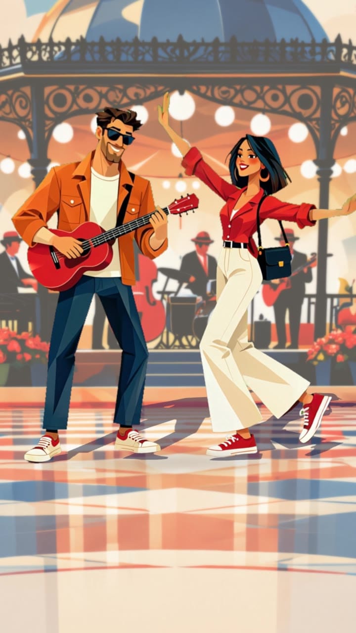 Festival Toffee — Every Flavor, a Celebration — a guitarist in an orange jacket and a girl in red dancing in a harbour-city music plaza