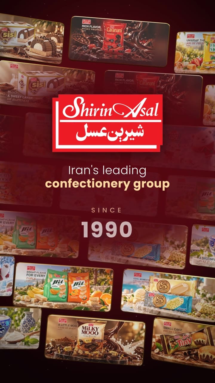The Shirin Asal logo over a wall of the group’s product packs, with the line Iran’s leading confectionery group since 1990